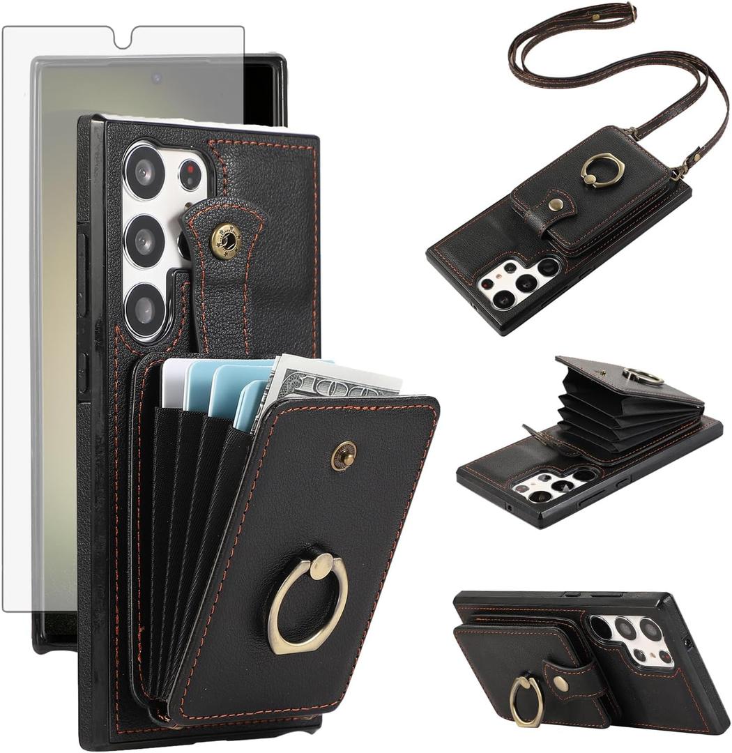 Phone Case for Samsung Galaxy S25 Ultra 5G Wallet Cell Cover with Screen Protector Crossbody Strap Ring Stand RFID Credit Card Holder Protective Leather S25Ultra 25S S 25 25Ultra Women Girls Black