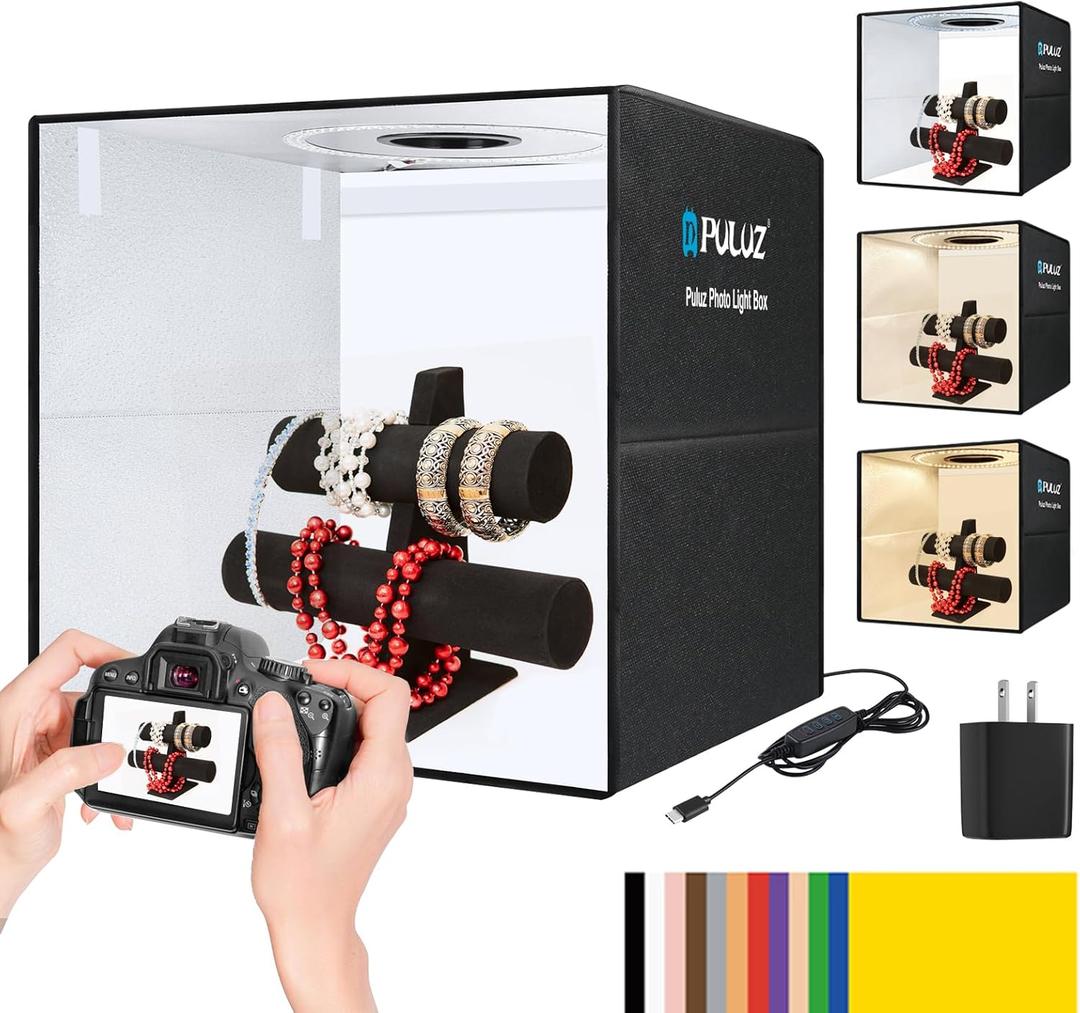 PULUZ Light Box Photography, 20x20 inch Portable Photo Studio Light Box, Professional Dimmable Quick Charge USB-C Photo Booth with 200 LED Lights & 12 Color Backdrops Photo Box for Product Photography