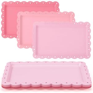 6 Pcs Pink Serving Trays Plastic Platters Dessert Cupcake Holder Party Supplies 14.4 x 9.3 Inches Rectangular Cookie Snack Display Tray for Wedding Restaurant