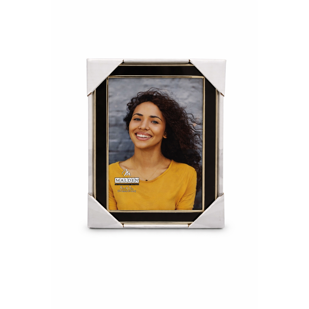 Malden International Designs Black Sleek With Silver Inside Border Picture Frame, 5x7, Black