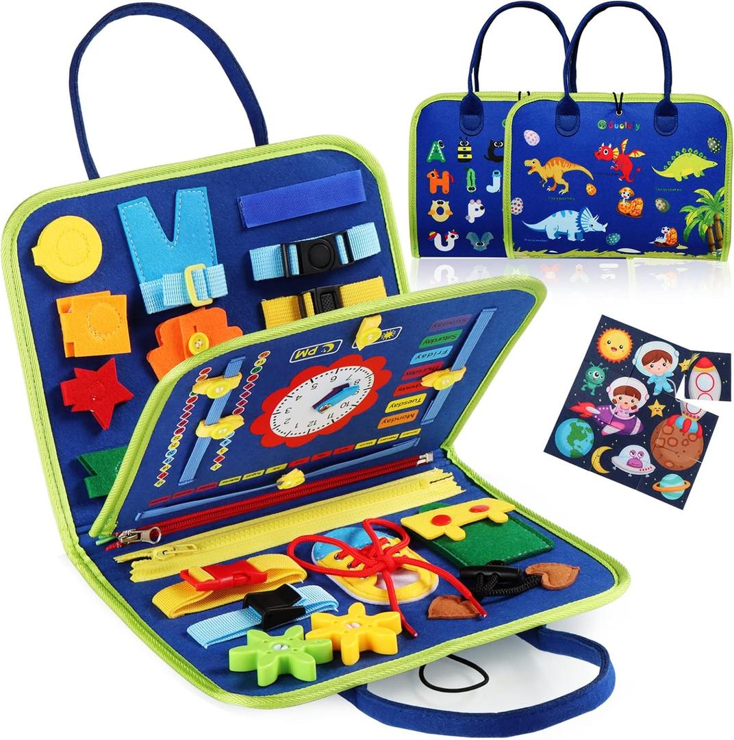 Guolely Busy Board Montessori Toy for 1 2 3 4 Year Old Toddlers - Educational Activity Developing Sensory Board for Fine Basic Dress Motor Skills - Travel Toys for Plane Car, Gift for Boys Girls (Blue)