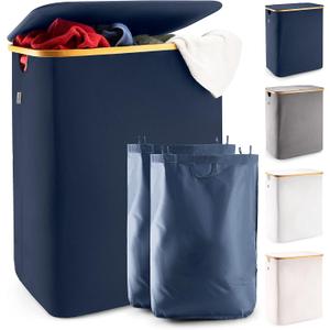 LONBET Laundry Basket with Lid, Made from Breathable Fabric | Aesthetic Clothes Hampers for Laundry with Side Handles & Sturdy Bamboo Frame (40 Gallons - Double, Blue)