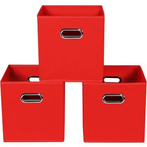 Fabric storage bins Cubes, Fabric Cube Organizer with Handle, Foldable Cube Bins for Cloth or Accessary Storage, 11x11x11, Set of 3, (Red)