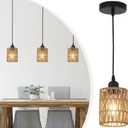 3 Pack Rattan Pendant Lights Kitchen Island, Farmhouse Pendant Lighting with Hand Woven Wicker Shade, Boho Chandelier Light Fixtures Ceiling Hanging for Dining Room Bedroom Foyer Hallway