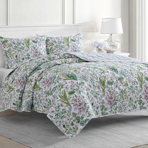 Martha Stewart 100% Cotton 3 Piece Reversible Quilt Set, Washed, Percale Green/White, 1 Quilt, 2 King Shams, Soft and Breathable, Lightweight, Secret Garden Floral Printed Bedspread, King Size