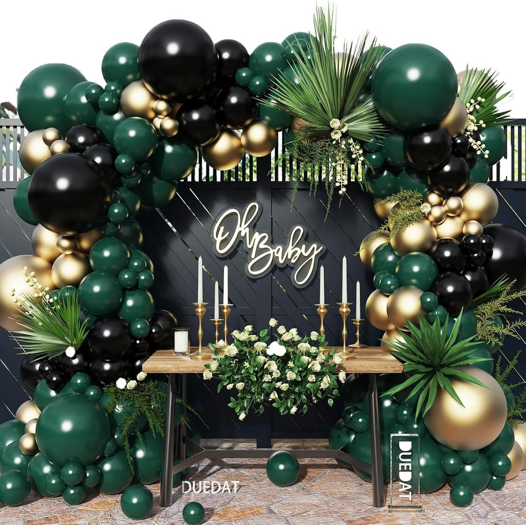 Emerald Green Black Gold Balloon Garland,144Pcs Forest Dark Green Black Gold Balloon Arch Kit for Graduation Baby Shower Jungle Birthday Spring Party Decorations