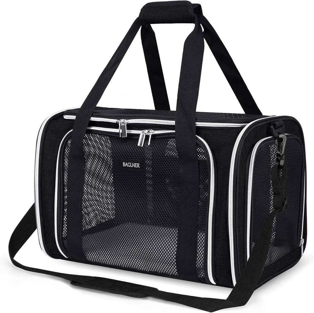 BAGLHER Pet Travel Carrier, Cat Carriers Dog Carrier for Small Medium Cats Dogs Puppies, Airline Approved Small Dog Carrier Soft Sided, Collapsible Puppy Carrier. Black