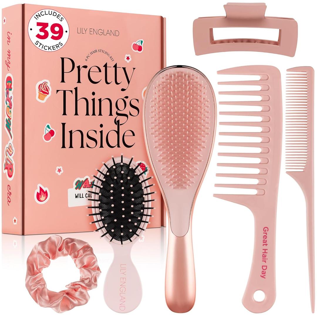 6 Pcs Hair Brush Set with Brush & Combs - Detangling Brush for All Types with Wide Tooth & Tail Comb, Scrunchie & Claw Clip - Hair Care Gift Set with Stickers for Teen Girls, Women & Kids