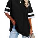 Fisoew Womens Oversized Tees Loose T Shirts Half Sleeve Crew Neck Color Block Cotton Tunic Tops (X-Large, Black)