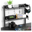 Clamp on Desk Shelf, 2-Tier Office Desk Shelves Organizer, 17in Small Shelf for Top of Desk with Headphone Holder and Hooks, Desktop Storage Rack for Home Workspace, Study Rooms, Gaming Accessories