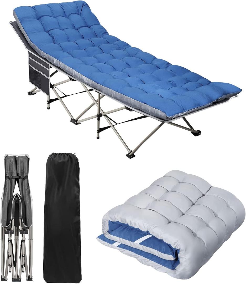 HAITRAL Portable Camping Cot with Mattress - Outdoor Folding Heavy Duty Sleeping Bed with Side Pocket for Adults - Oxford Single Lounge Chaise for Camping Tent Beach Office Max Load 300 LBS (Grey), 74 * 26 * 14 inches