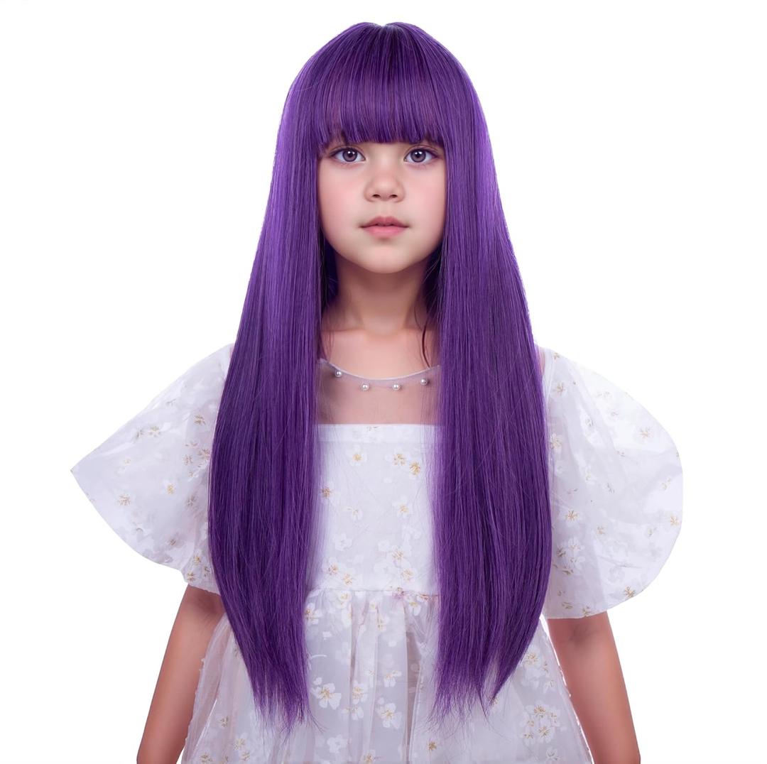 Dark Purple Wig Long Purple Wig with Air Bangs Straight Wigs Heat Resistant Synthetic Wigs with Cap (Small Size)