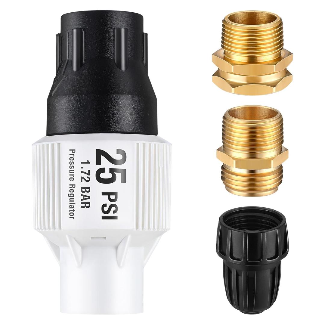 1 Pack Drip Irrigation Pressure Regulator Kit, Water Backflow Preventer for 3/4'' Garden/Faucet Hose Thread and 1/2'' Drip Irrigation Tubing Adapter, Complete Drip Irrigation System (25 Psi)