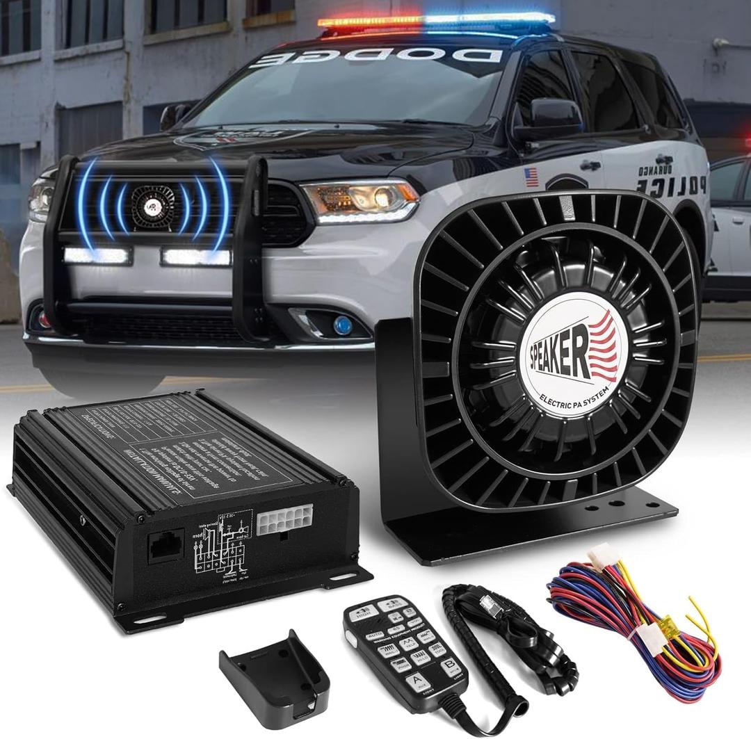 Emergency Police Siren Speaker Kit, 200W Multi-Tones Emergency Sirens PA System Extra Slim Speaker with Handheld Microphone, Car Alarm Megaphone for 12V Vehicles, Tow Truck Pickup Ambulance SUVs