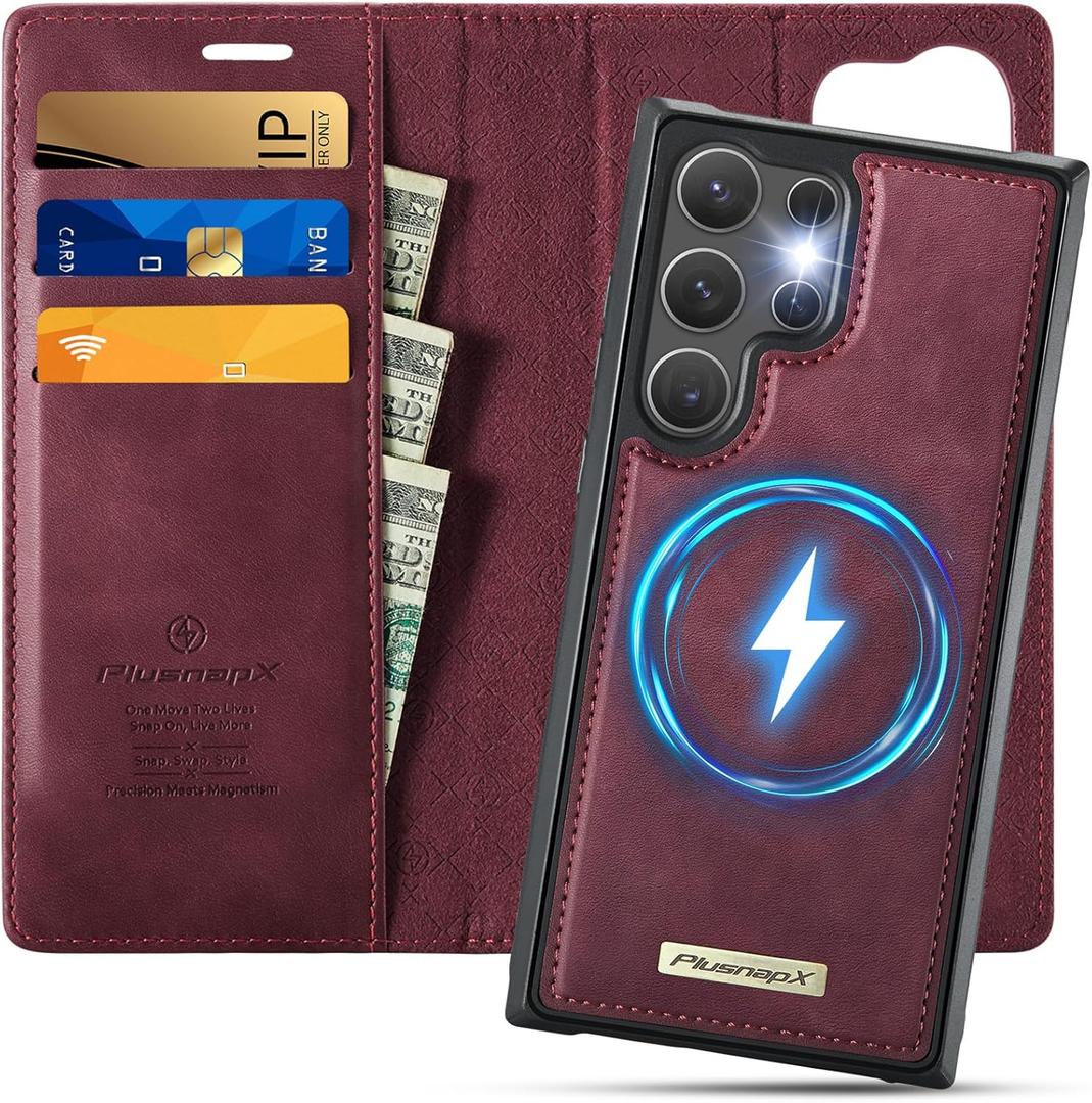Wallet Case for Samsung Galaxy S25 Ultra Compatible with Magsafe, 2-in-1 PU Leather Flip RFID Blocking Card Holder Stand Shockproof Magnetic Detachable Cover for Galaxy S25 Ultra, Burgundy