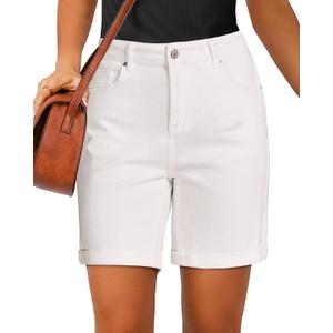 luvamia Jean Shorts for Women High Waisted Trendy Causal Summer Fold Hem Stretchy Long Denim Shorts 7 Inch Inseam (X-Large, Cream White)