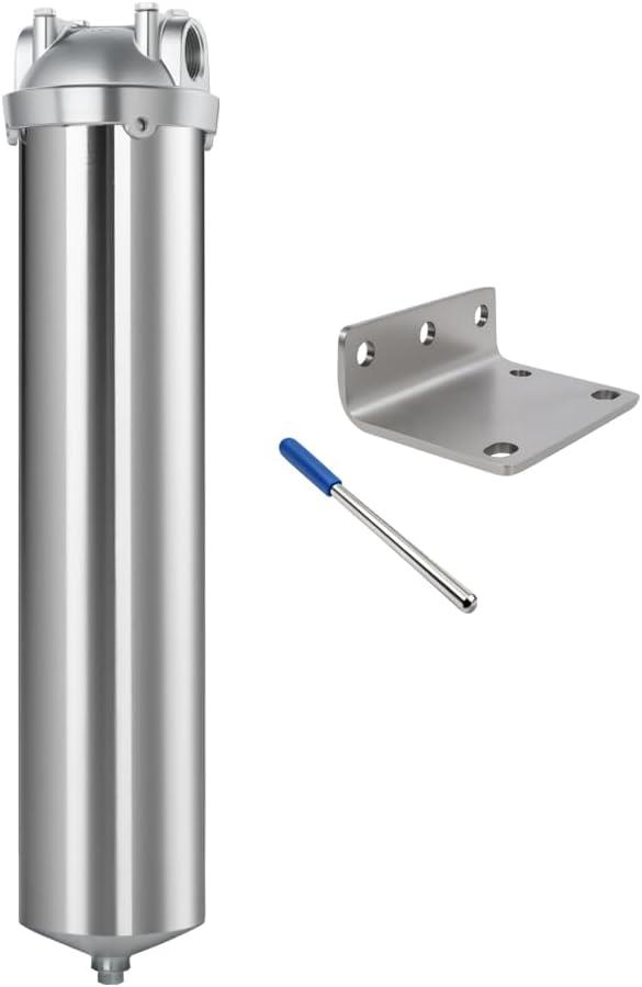NSF/ANSI 42 Stainless Steel Whole House Water Filter Housing, 20" x 2.5" Sediment Water Filter System for Heavy Duty, Well & City Water, 1" NPT Port, Drain Valve Style C (Square Head)