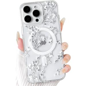 NITITOP Compatible with iPhone 14 Pro Case Clear Magnetic Compatible with MagSafe Cute Flowers Floral Leaves for Women Girls Hard PC Back Shockproof Protective Phone Cover - White