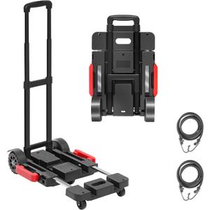 Folding Hand Truck Dolly, 220 lb Portable Utility Cart with Expandable Base, 3 Adjustable Heights, 5-Wheel Collapsible Luggage Cart with 2 Ropes for Moving, Office and Travel