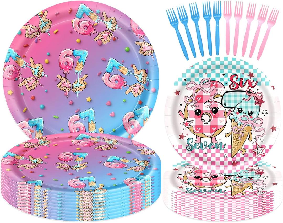 30 Pcs 6 7 Birthday Decorations, 6 7 Birthday Theme Party Decor, Dishes & Forks Set: Plates and Forks for 67 Party Decorations