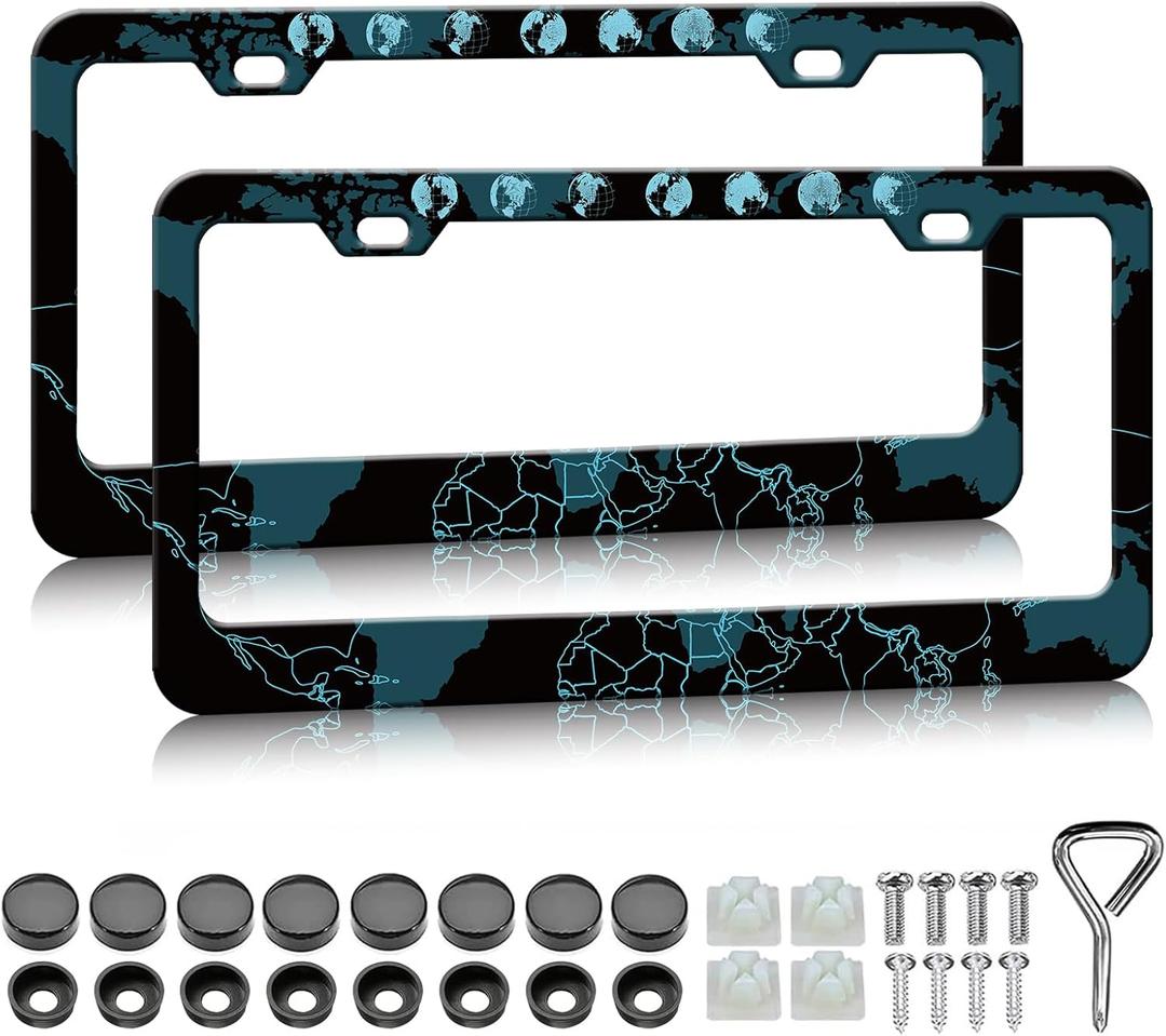 HCSS Map License Plate Frames - 2 Pack Funny Earth Map License Plate Holder, Aluminum Metal Rust-Proof Waterproof Car Decorative Tag Frame for Standard US 12x6 Inch