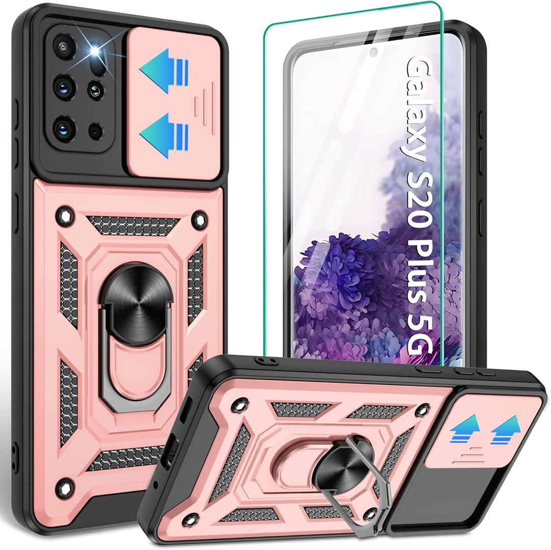 Gritup for Samsung Galaxy-S20+ Plus Case with Slide Camera Cover & [HD Screen Protector2],360Rotation Ring Kickstand [Military Grade] Case,Rose Gold