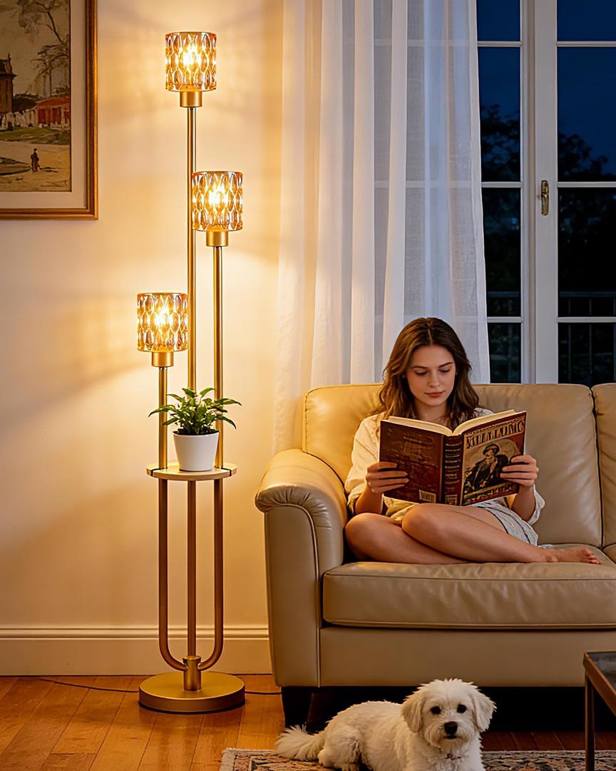 Lightdot 3-Lights Glass Floor Lamp for Living Room Modern Gold Floor Lamp with Amber Glass Shade for Wedding/Party Farmhouse Tall Standing Lamp for Bedroom/Sofa Beside/Corner Decor