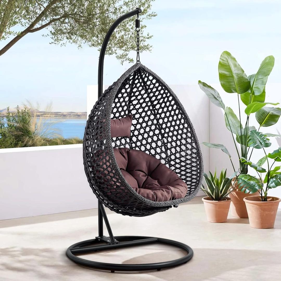 Hanging Egg Swing Chair with Stand, Rattan Wicker Hanging Egg Chair Hammock Indoor with Cushions, Swinging Chair for Bedroom Outdoor Patio Balcony Backyard Sunroom Heavy Duty 350LBS (Black)