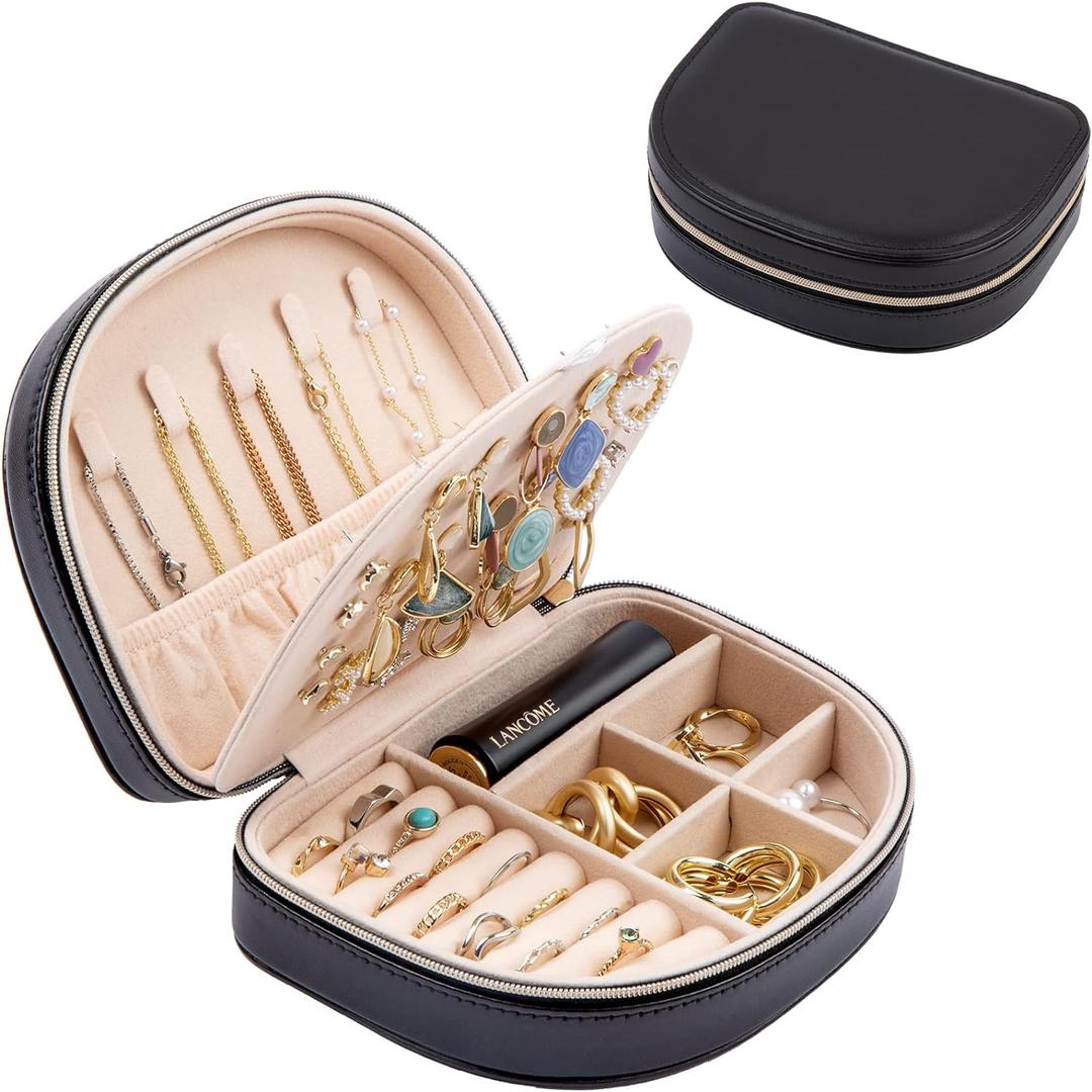 ProCase Travel Size Jewelry Box, Medium Portable Seashell-Shaped Jewelry Case, 2 Layer Jewelry Organizer in PU Leather for Women -Black (Medium - No Mirror)