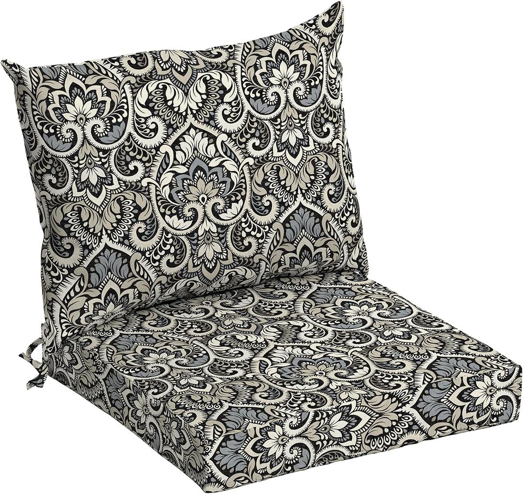 Arden Outdoor Dining Chair Cushion, 21 x 21, Rain-Proof, Fade Resistant 21 x 21, Black Aurora Damask