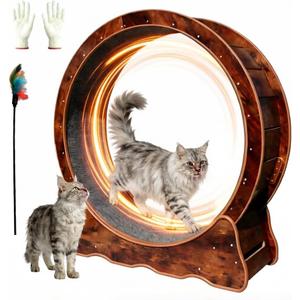 35.4 Inch Cat Exercise Wheel - Wooden Low Noise Cat Treadmill for Indoor Cats, Detachable Carpet & Enhanced Base for Fitness, Weight Loss Size M Brown