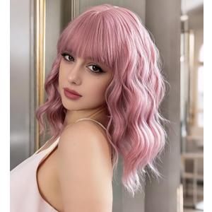 VCKOVCKO Pastel Wavy Wig With Air Bangs Women's Short Bob Purple Pink Wigs Curly Wavy Shoulder Length Pastel Synthetic Bob Wig for White Women Girls Daily Use Colorful Wigs(12", Purple Pink) (A- Purple Pink)