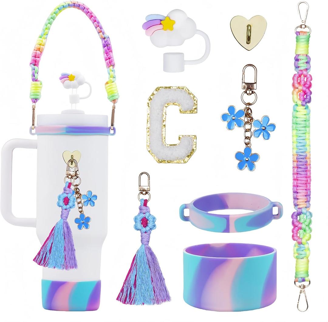 8Pcs Initial Stanley Cup Accessories Set for 40Oz 30Oz 20Oz - Teen Girls Gifts Tumbler Cup Decorations with Handle, Rainbow Straw Topper, Flower Charms, Silicone Boot and Letter Stickers C