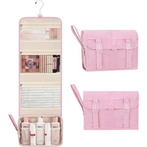 Relavel Hanging Toiletry Bag for Women, Large Makeup Travel Bag with Separate Compartments, Water Resistant Toiletries Bag for Travel Accessories, Portable Bathroom Bag for Trip Camping- Pink Strip