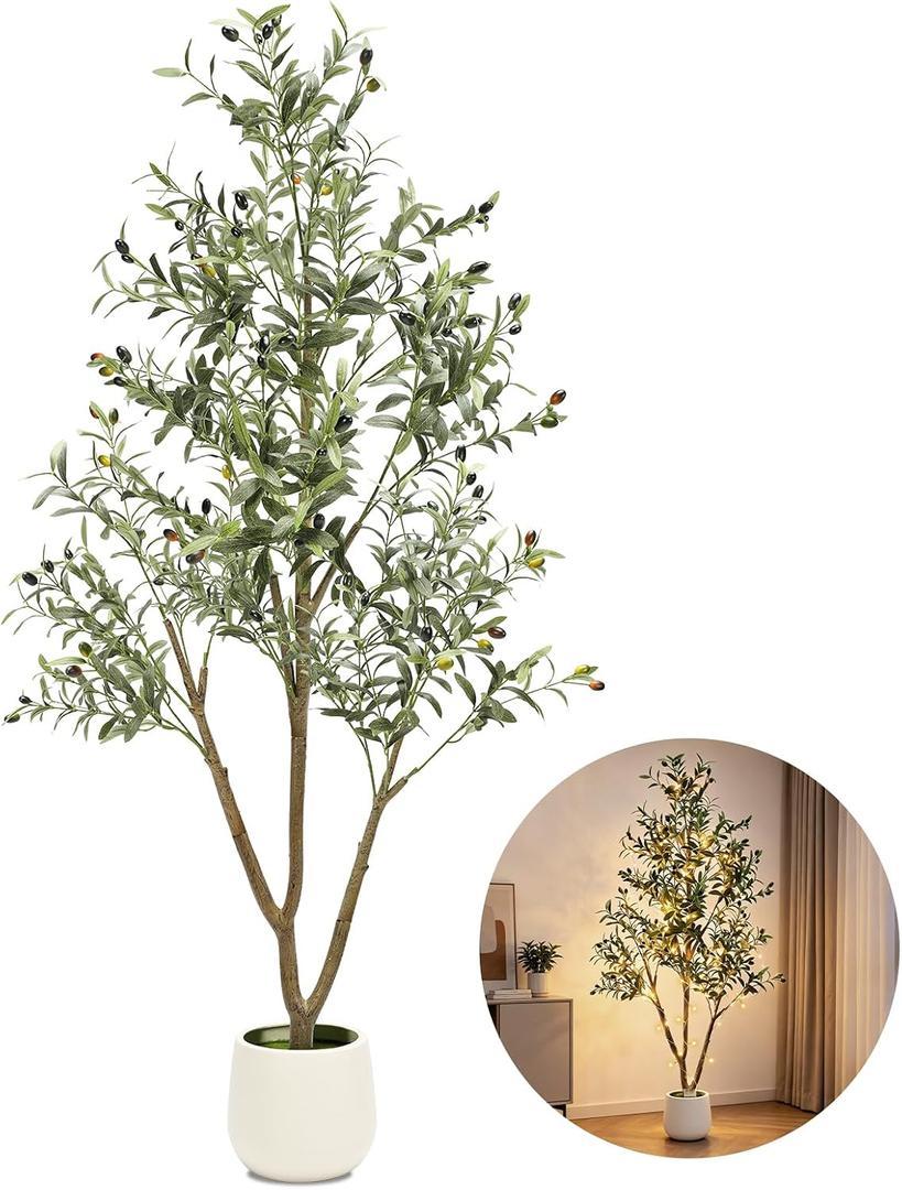 TNELTUEB 6FT Artificial Olive Tree Indoor with Lights & Planter, Realistic Faux Olive Trees with Lifelike Fruits for Living Room Decor, Tall Fake Silk Plants for Modern Home Office