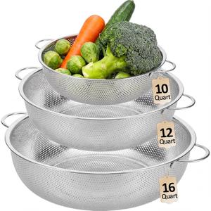Gisafai 3 Pcs 10/12/16 Quart Stainless Steel Colander Set for Kitchen Micro Perforated Exlarge Metal Pasta Strainer with Handles Metal Mesh Strainer Net Basket Self Draining Solid Base for Pasta