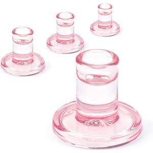 4PCS Pale Pink Taper Candle Holders, Glass Crystal Candlestick Holders Bulk, Clear Candle Holders for Dining Table Centerpiece