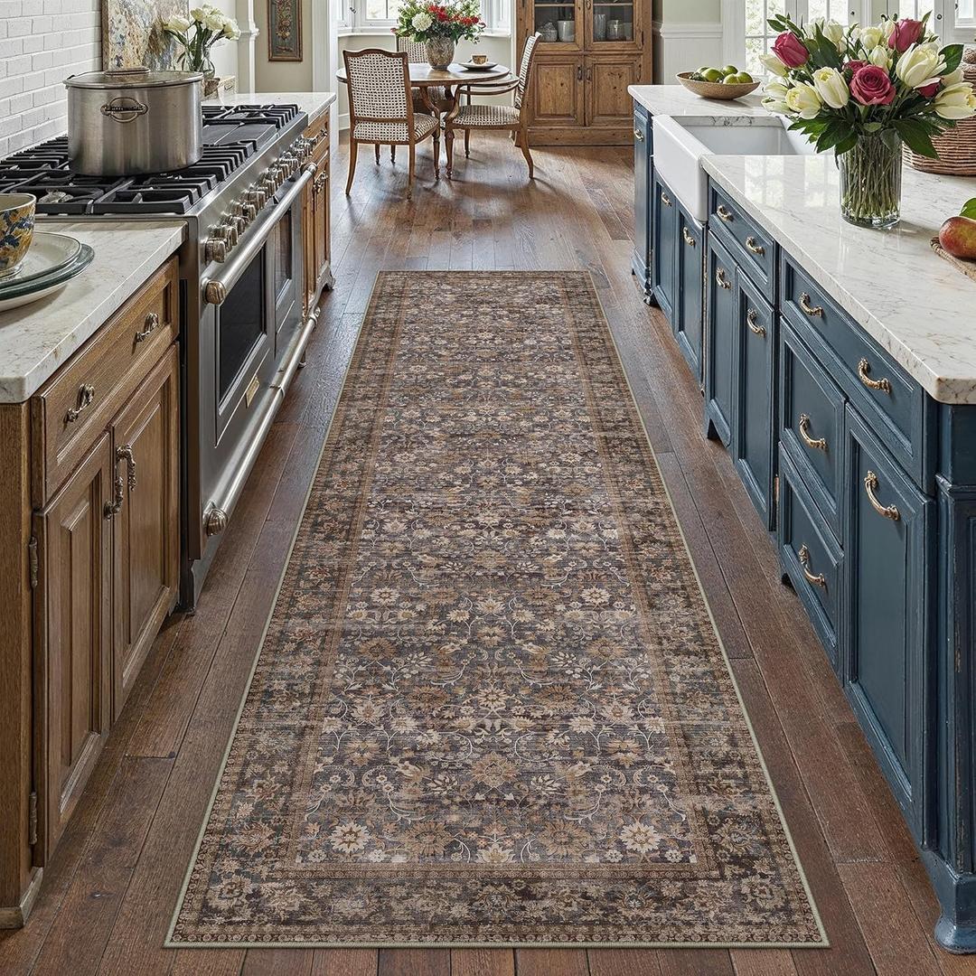 HUGEAR 2x8 Runner Rug Machine Washable Tradition Brown Hallway Area Rug Indoor Accent Rugs Floral Low Pile Carpet Soft Throw Rugs Bedroom Living Room Office Dining Kitchen Laundry Non Slip