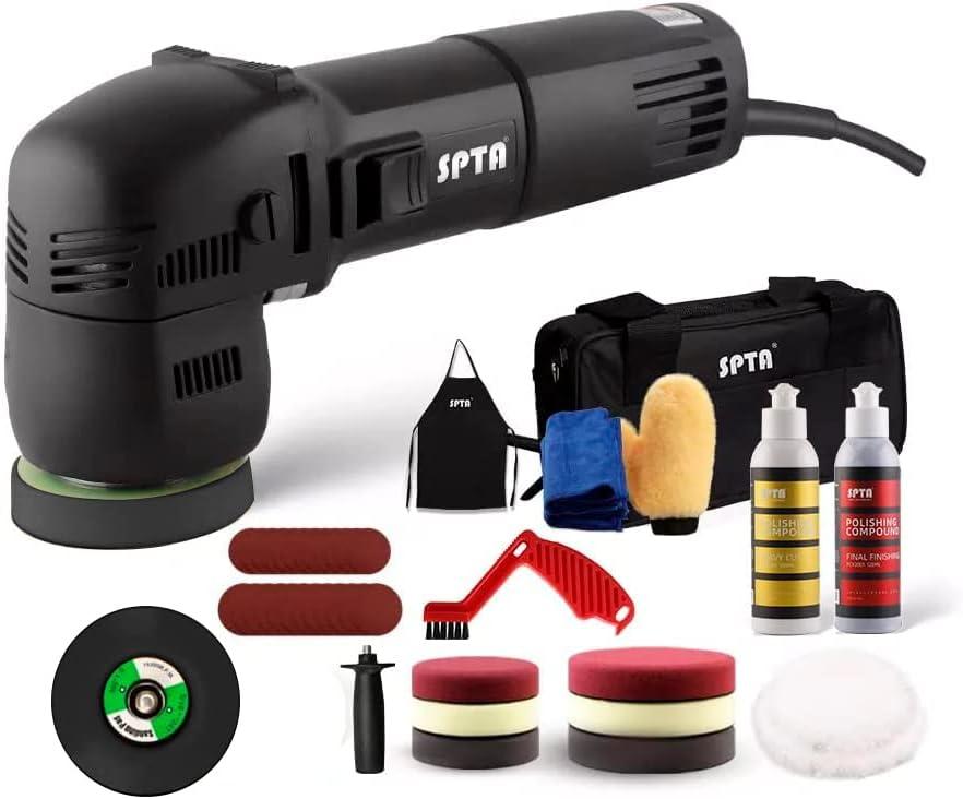 SPTA Mini Orbital Polisher - 3 Inch 10mm/780W Variable Speed Dual Action With Polishing Pads, Sanding Discs, Pad Conditioning Brush