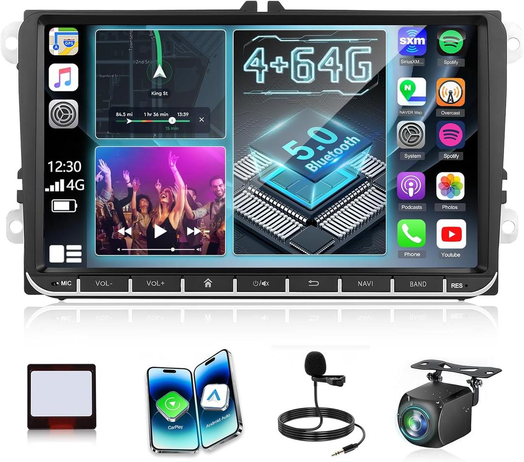 [4+64G] Upgrade Stereo for VW Passat Jetta Seat Golf Tiguan Beetle Skoda Polo Touran - Wireless Carplay & Android Auto, Shortcut, Custom Homepage, AI DSP, GPS, WiFi, SWC + Canbus + AHD Backup Camera