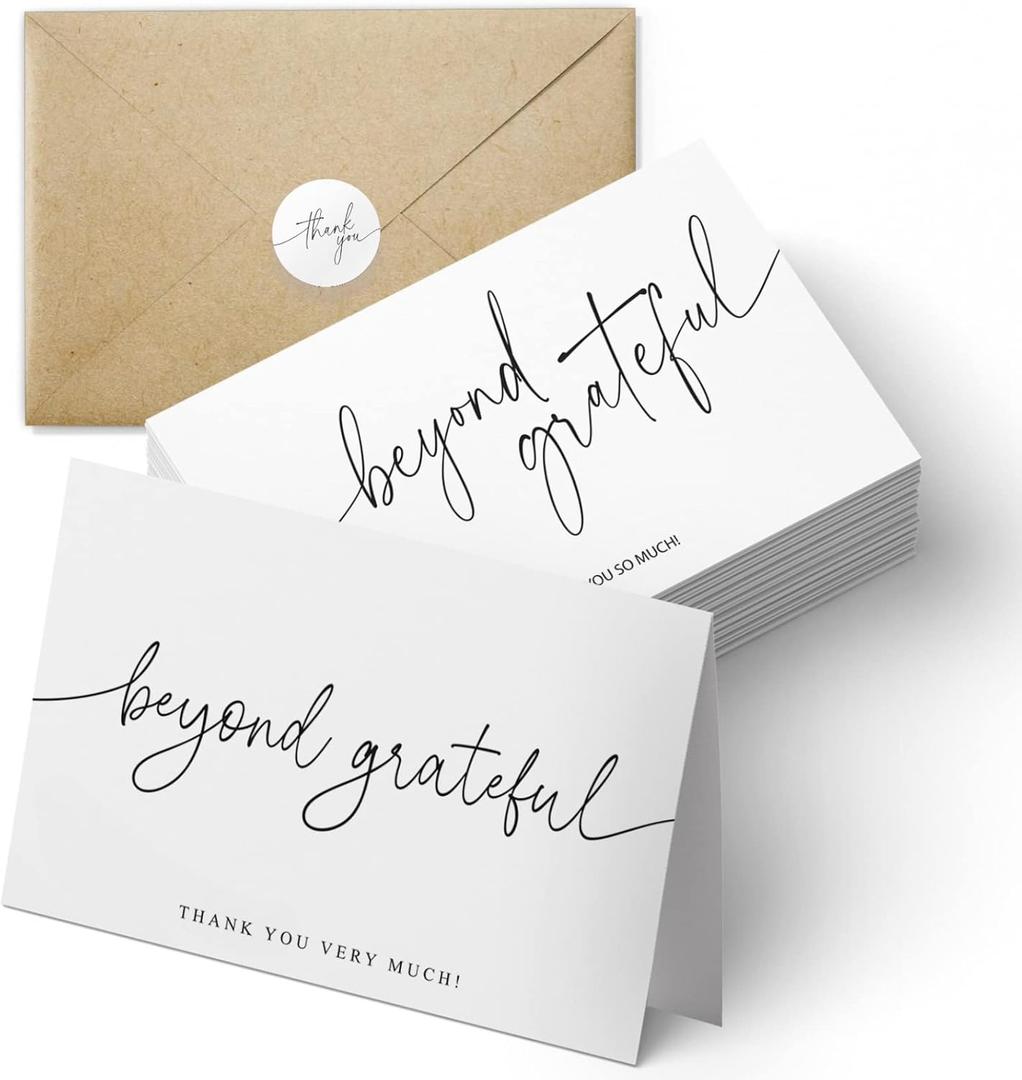 Beyond Grateful Thank You Cards | Bulk Pack of 100 with Kraft Envelopes and Matching Stickers, 4x6 Inch Minimalistic Design | Suitable for Business, Baby Shower, Wedding, Graduation, Bridal Shower,