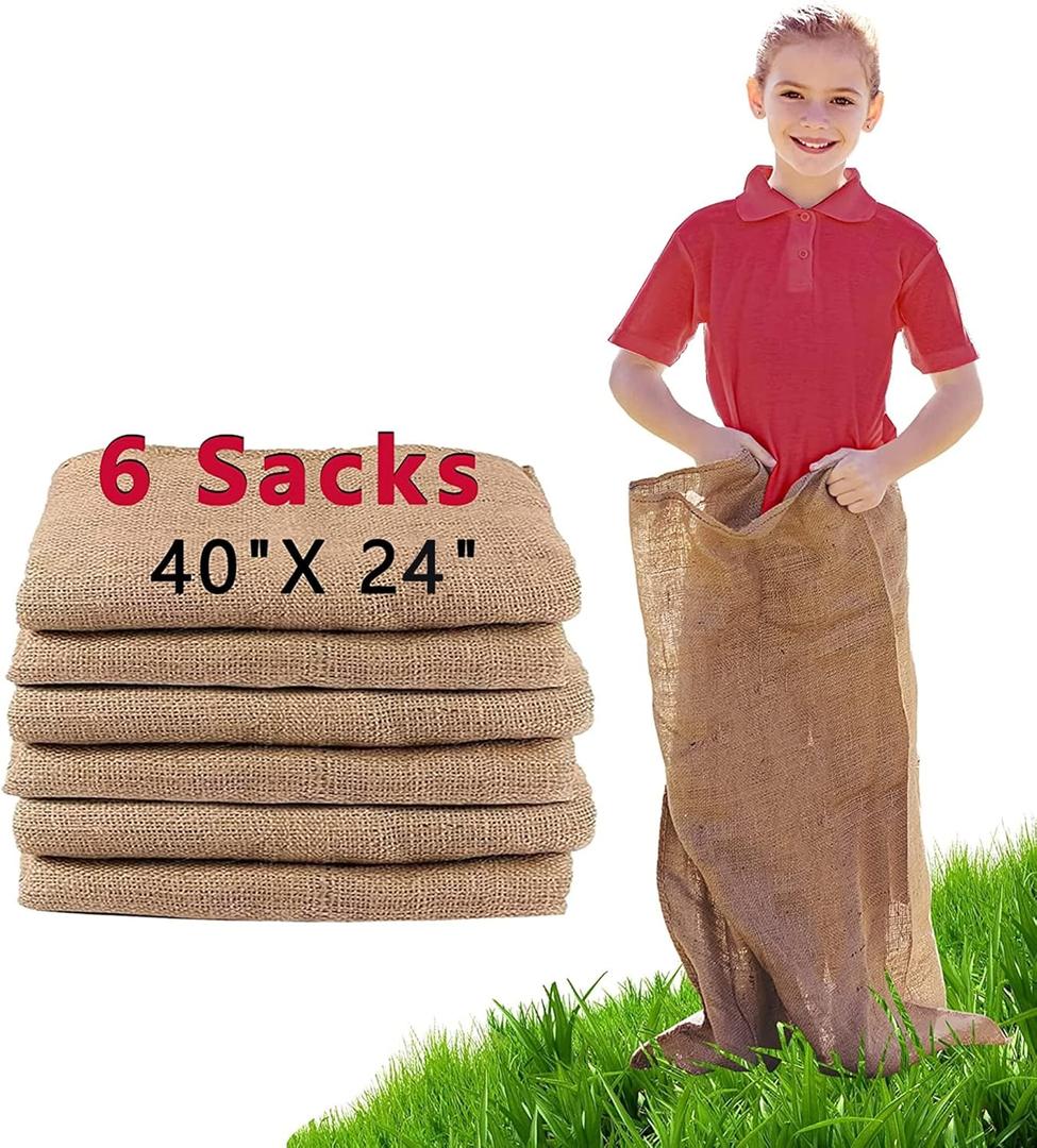 6 Pack Burlap Potato Sack Race Bags, 24"x40" Outdoor Lawn Games for Kids & Adults, Outside Yard Games for Birthday Party, Field Day Family Reunion, Carnival, Easter, Halloween, 4th of July