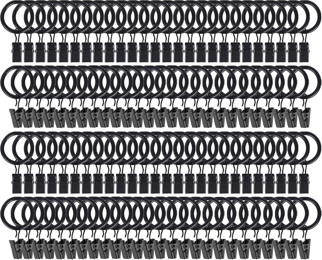 105 Pack Curtain Rod Clip Rings,1" Interior Diameter(Compatible with up to 5/8" Curtain Rod),Metal Drapery Ring with Clips,Strong Decorative Drapery Window Ring with Hooks,Rustproof Vintage(Black)
