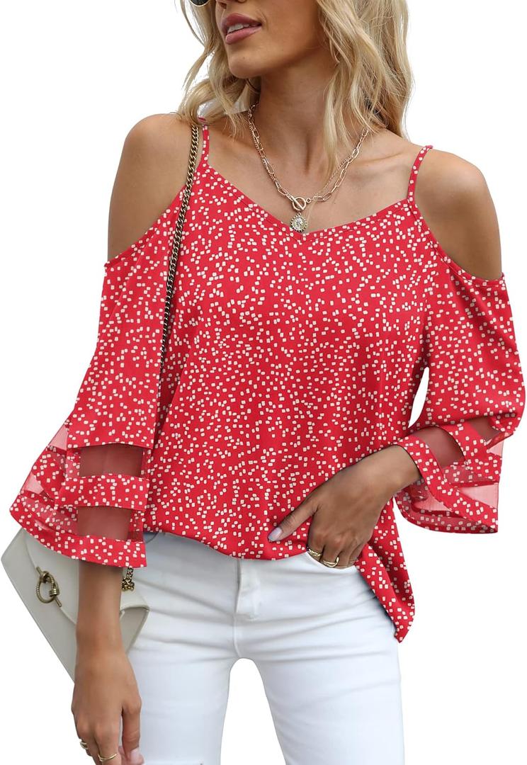Jouica Womens Summer Cold Shoulder Tops Mesh Panel 3/4 Bell Sleeve Tees Adjustable Spaghetti Strap Loose Fit Shirts (Medium, Bd Red)