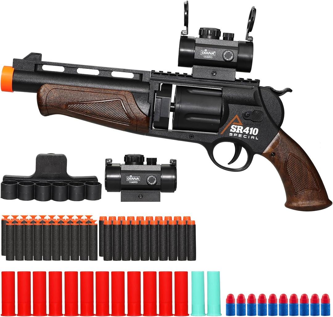 Large Revolver Toy Gun with Scope, Bullet Holder, 50 Soft Bullets & 14 Shells, Soft Bullet Toy Shotgun for Educational Shooting Game Toys, Gifts for Birthday Halloween Christmas