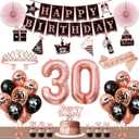 30th Birthday Decorations for Women, 54pcs Happy 30th Birthday Crown and Sash, Black Rose Gold Banner Backdrop Balloons Hanging Swirls Paper Fans, 30 Years Old Birthday Party Supplies Kit
