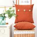 CaliTime Throw Pillow Cases Pack of 2 Soft Corduroy Striped Cushion Covers with Triple Large Natural Coconut Shell Buttons for Couch Sofa Home Farmhouse Decoration 18 X 18 Inches Burnt Orange