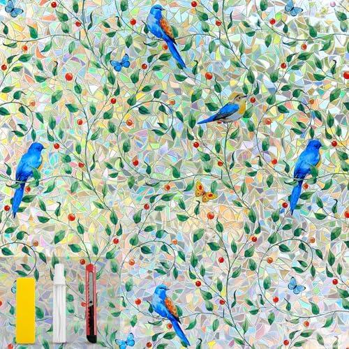COUNTEWOL Colorful Bird and Floral Window Privacy Film Stained Glass Window Film Rainbow Window clings Non-Adhesive Reusable Decorative for Room (Green Vine Birds, 45.2 x78.7 in)