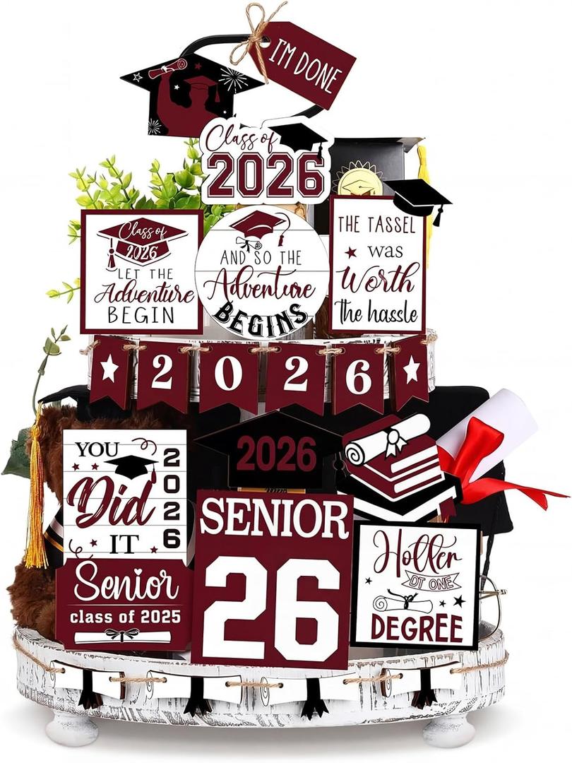 22 Pcs 2026 Graduation Tiered Tray Decor Sets Wooden Graduation Class of 2026 Table Decorations Senior 2026 Gown Diploma Farmhouse Signs for Home Shelf Party Office Desk(Dark Red)
