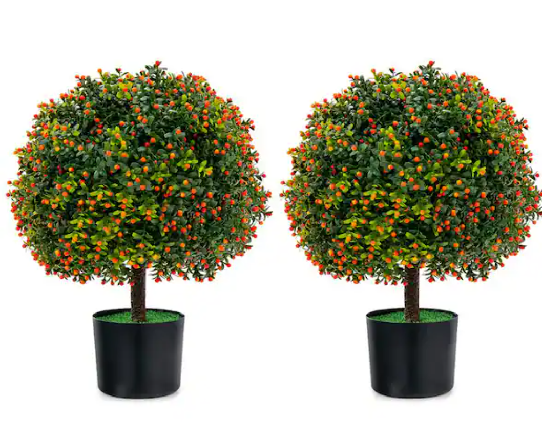 Giegxin 4 Pack 23.6'' Artificial Boxwood Topiary Ball Tree with Orange Fruit, Outdoor Faux Shrubs with Ground Spike No Maintenance Fake Bushes for Home Front Door Porch Fall Winter Garden Yard Decor